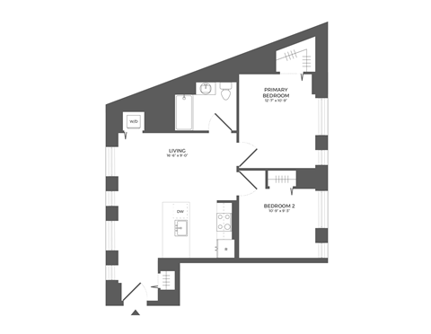 Floor plan for 2 beds, 1 bath, 853 sqft